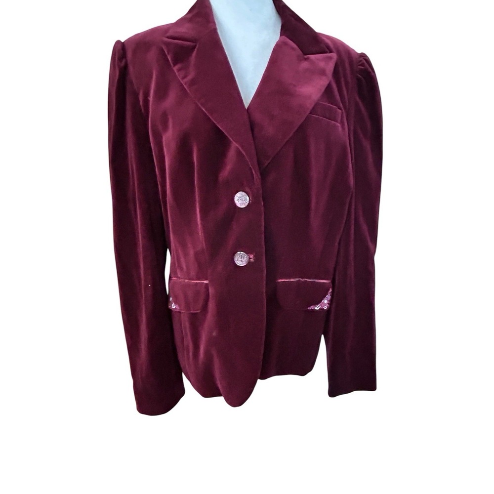 Robert Graham Women's Burgundy Velvet Blazer Size 16 Floral Embroidered Pockets